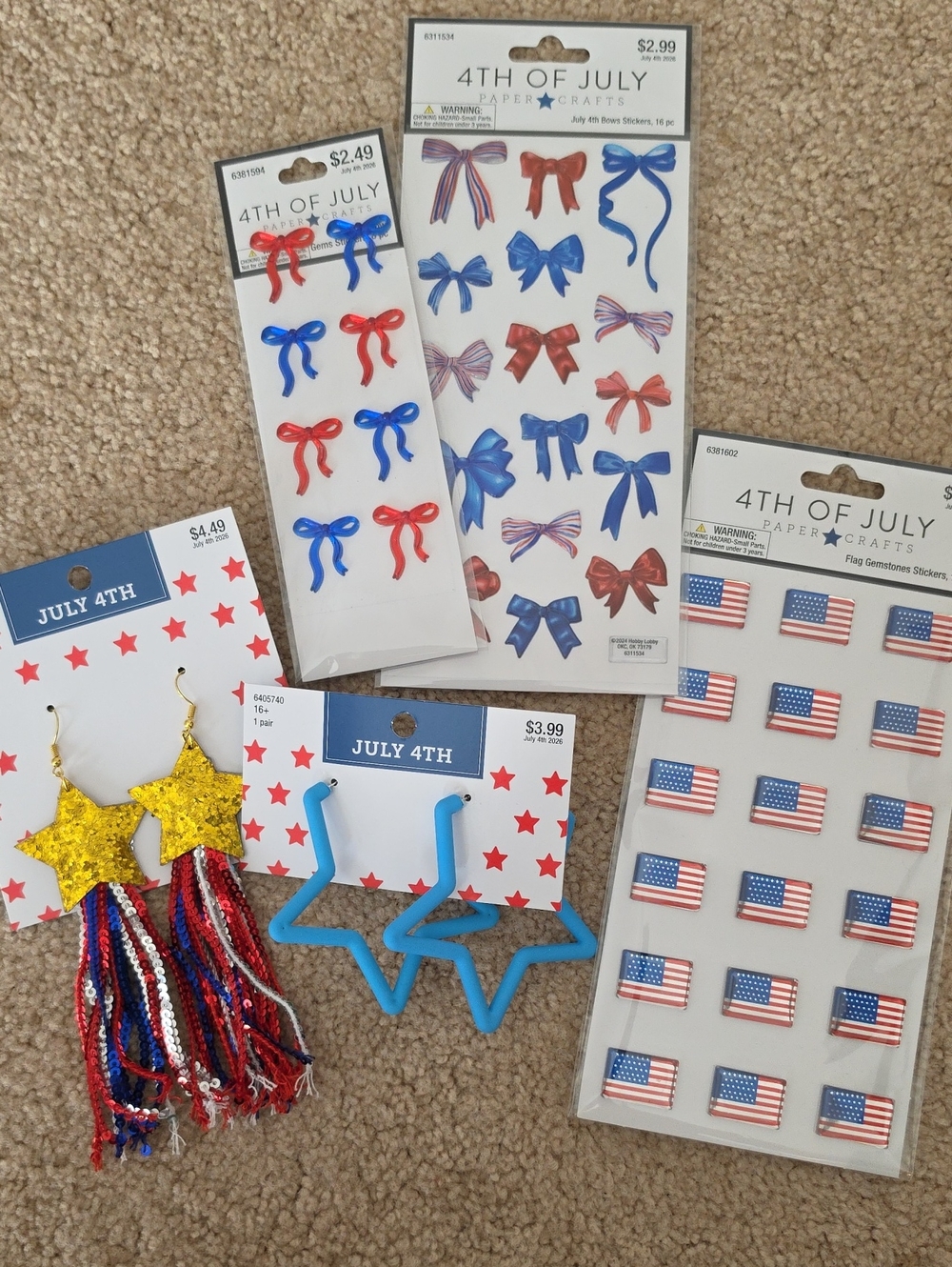 Hobby Lobby Red, Blue, White 4th of July Earrings & Stickers Set